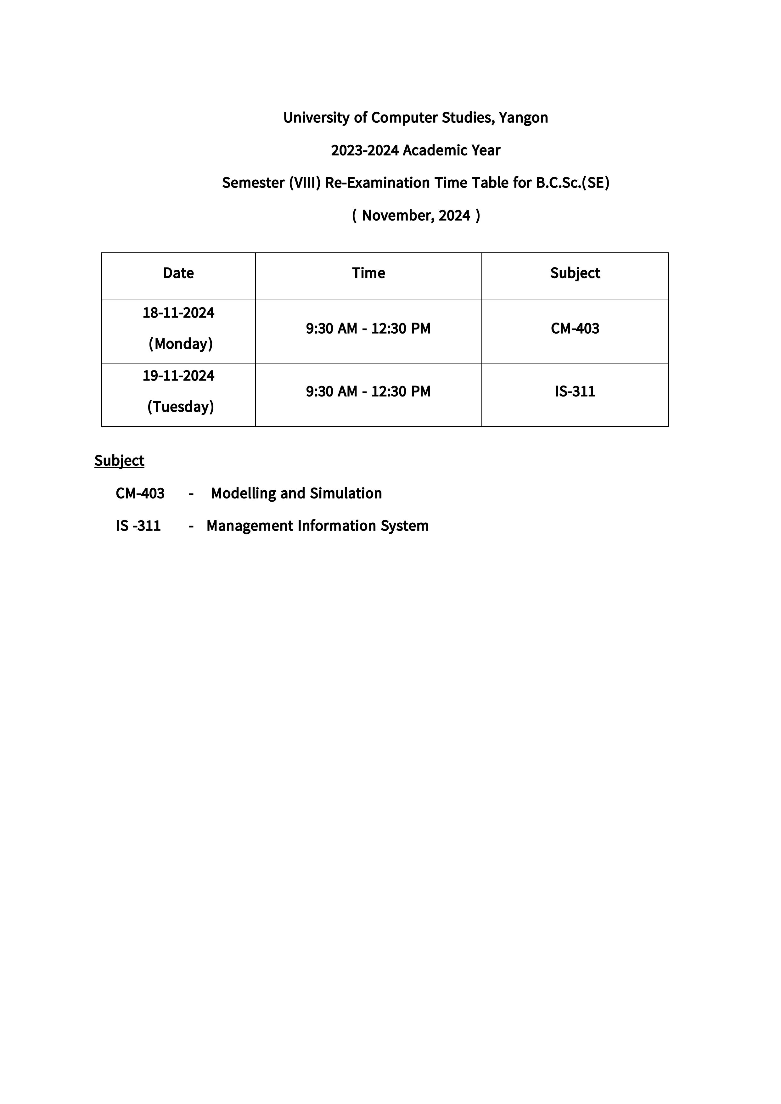 Re-exam Time-table